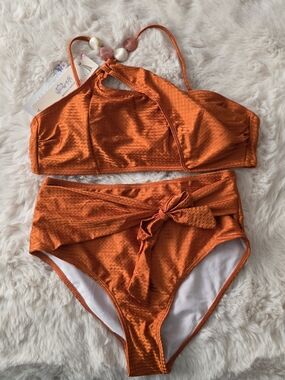 Ibtom Castle High-Waist Orange Bikini Set with Front Tie